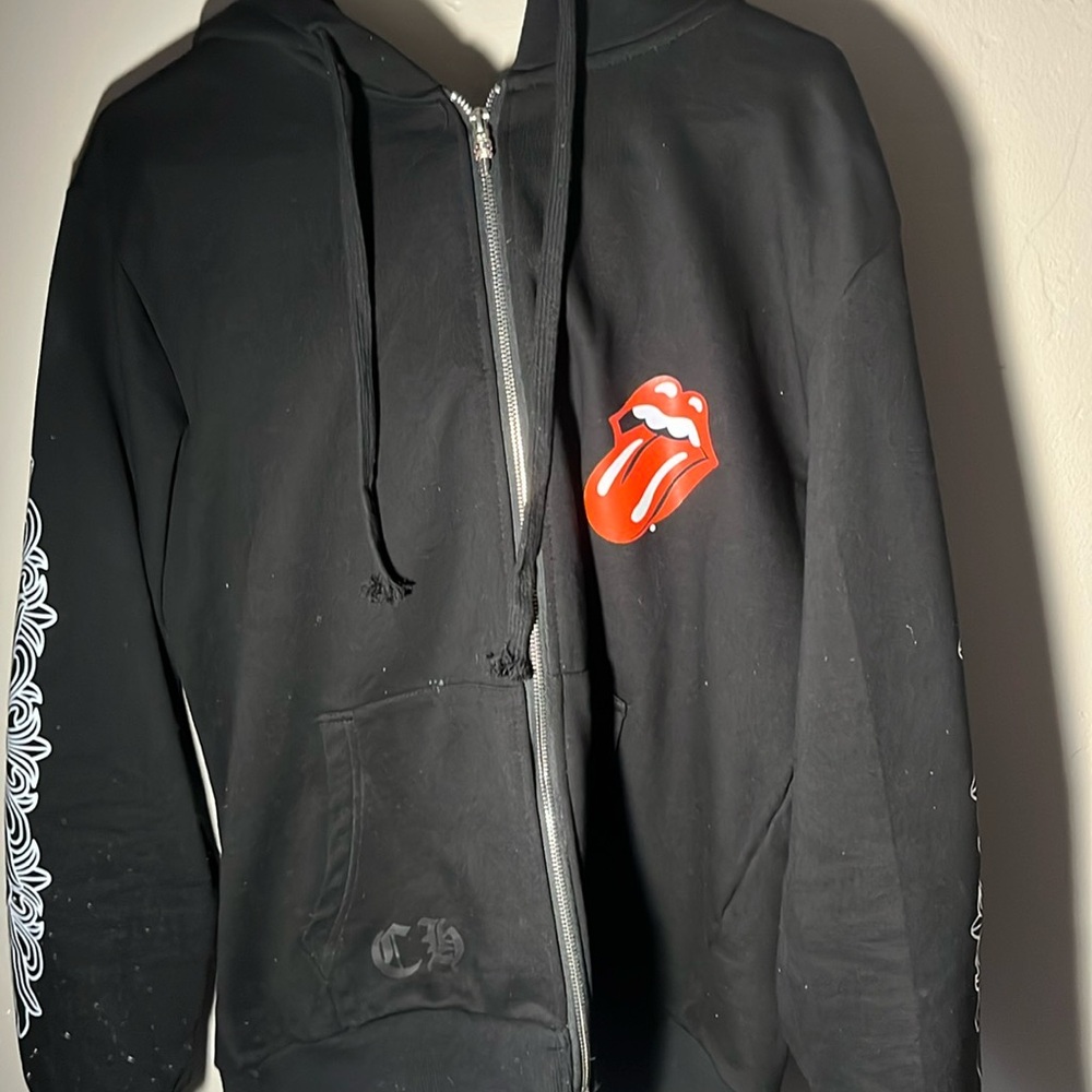 CHROME HEARTS x ROLLING STONES Black Hoodie with Red Tongue Logo